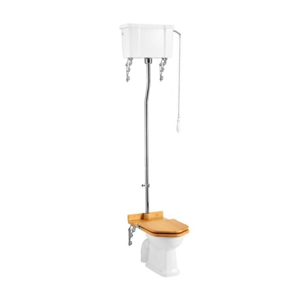Product Cut out image of the Burlington Single Flush High Level Toilet with an Oak Toilet Seak